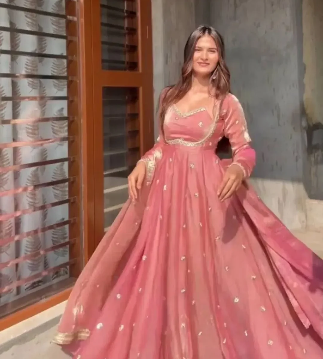 Dusty Rose Silk Anarkali Suit For Wedding - Vintage Silk Premium Designer Set