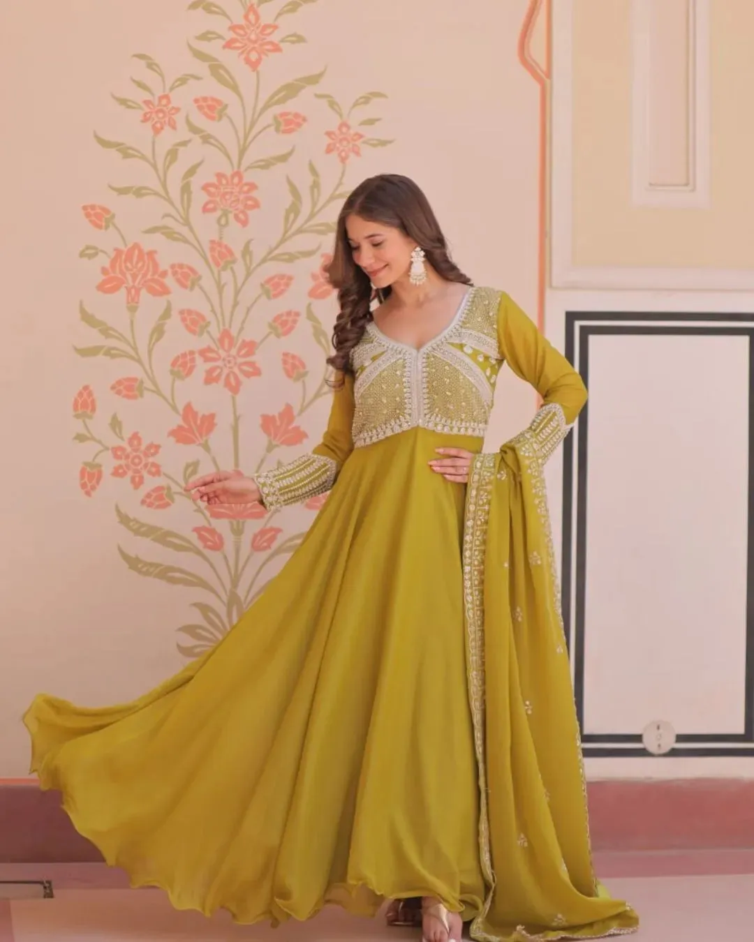 Mehendi green colour anarkali Suit Set - Traditional Haldi-Mehendi Special Outfit