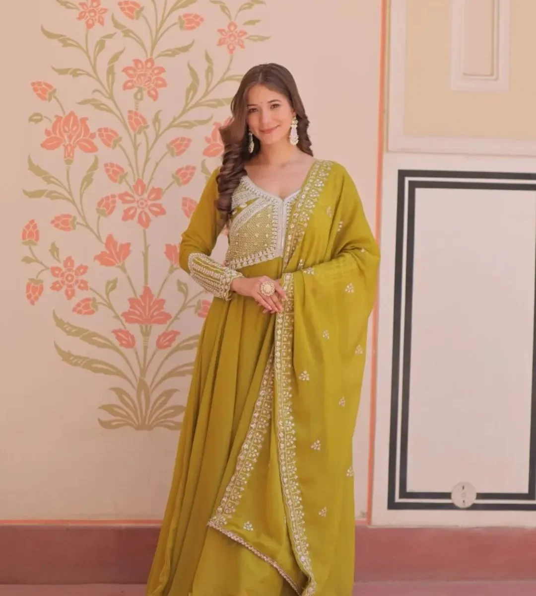 Mehendi green colour anarkali Suit Set - Traditional Haldi-Mehendi Special Outfit