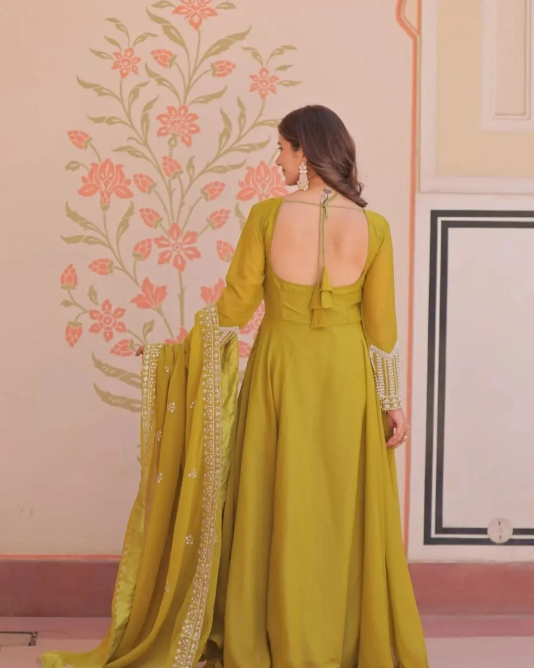 Mehendi green colour anarkali Suit Set - Traditional Haldi-Mehendi Special Outfit