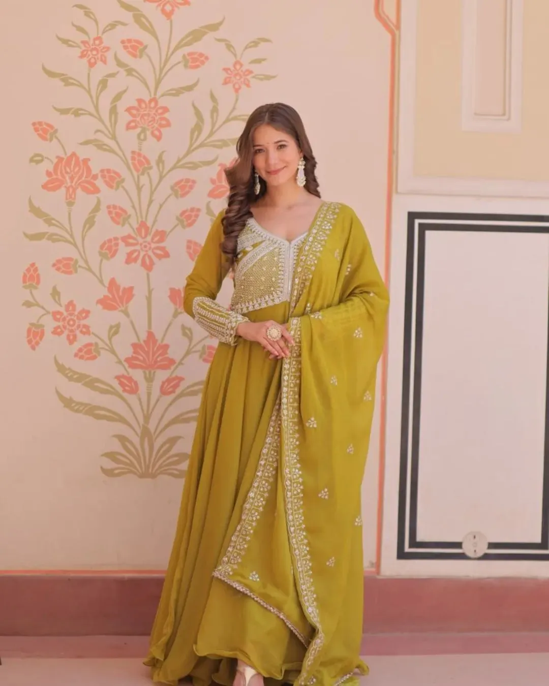 Mehendi green colour anarkali Suit Set - Traditional Haldi-Mehendi Special Outfit