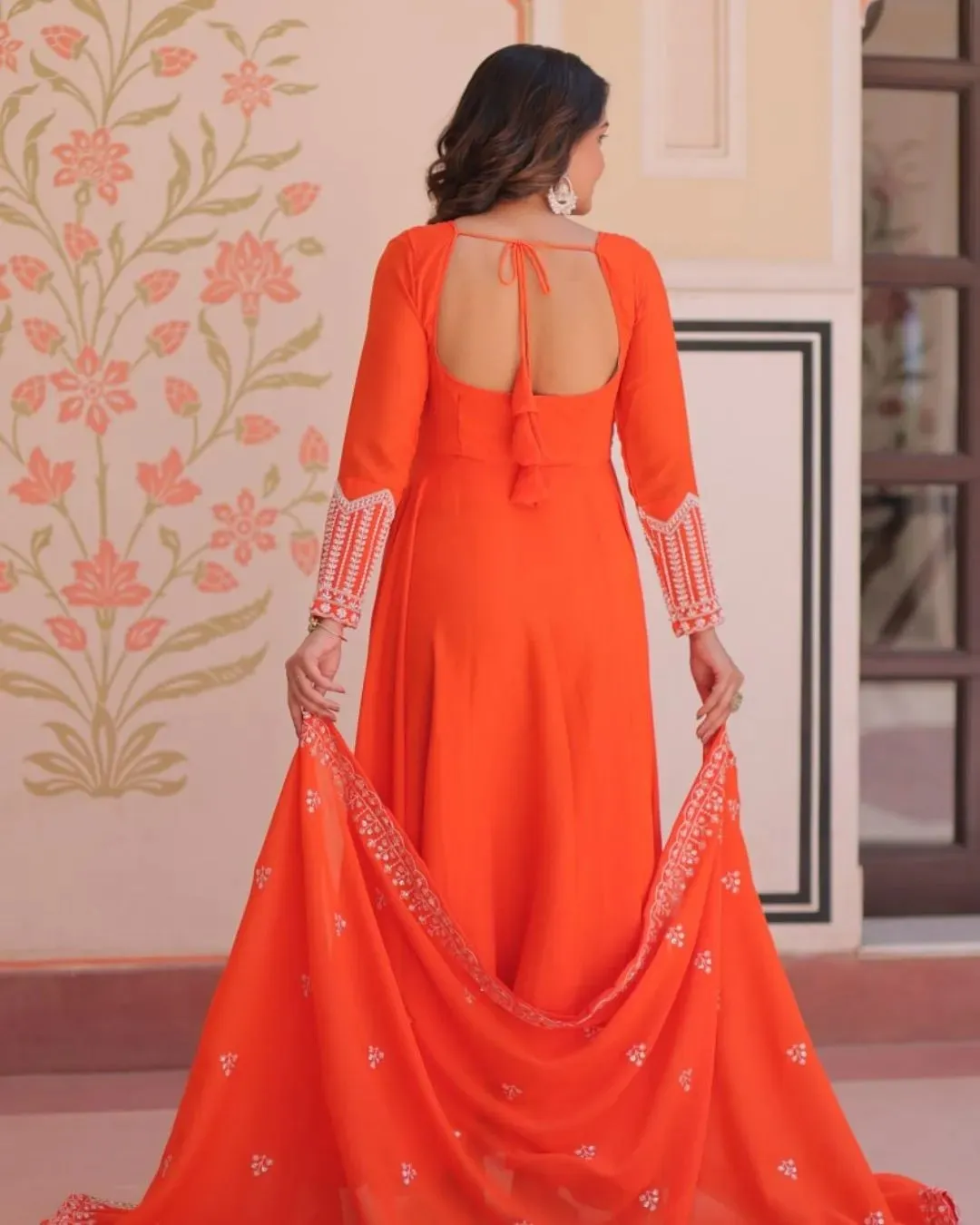 Orange colour anarkali Suit Set - Festive Gota Patti Work Wear for Women - Image 3
