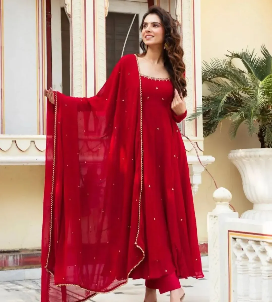 Party Wear Red Full Flared Anarkali Suit Set - Grand Celebration Extra-Flare Dress