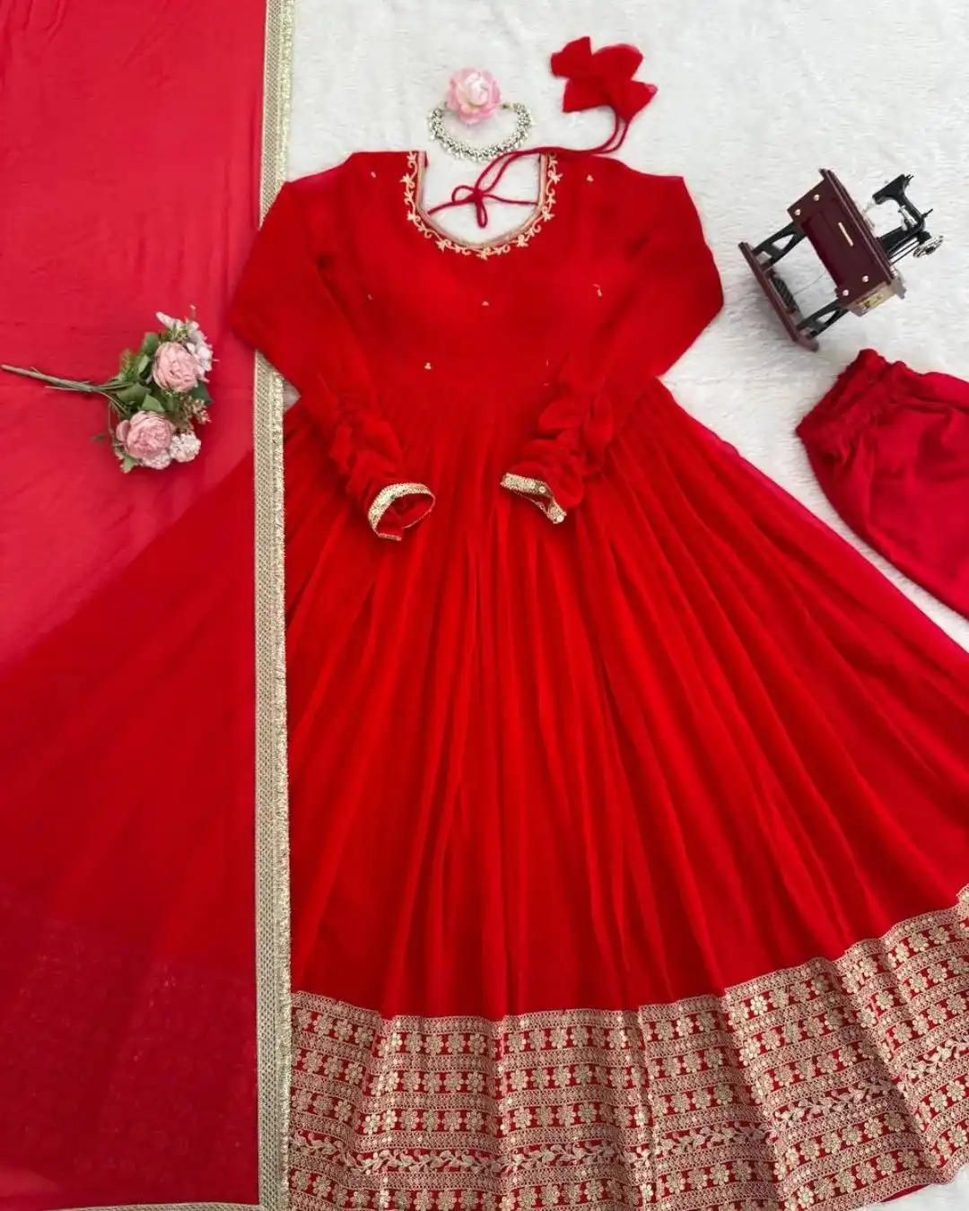 Red colour georgette anarkali suit – Lightweight Classic Flowy Festive Wear Real