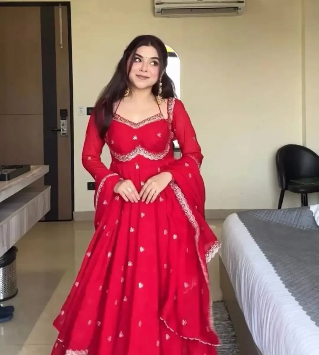 Red embroidered georgette anarkali suit set – Premium Artisanal Needlework Set