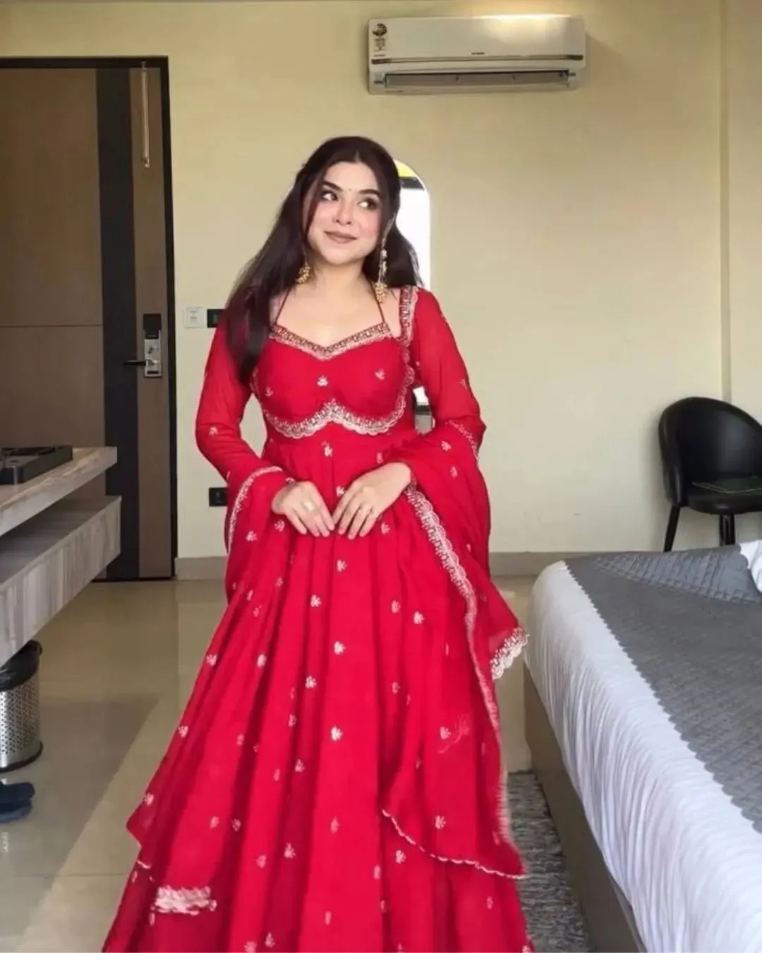Red embroidered georgette anarkali suit set – Premium Artisanal Needlework Set