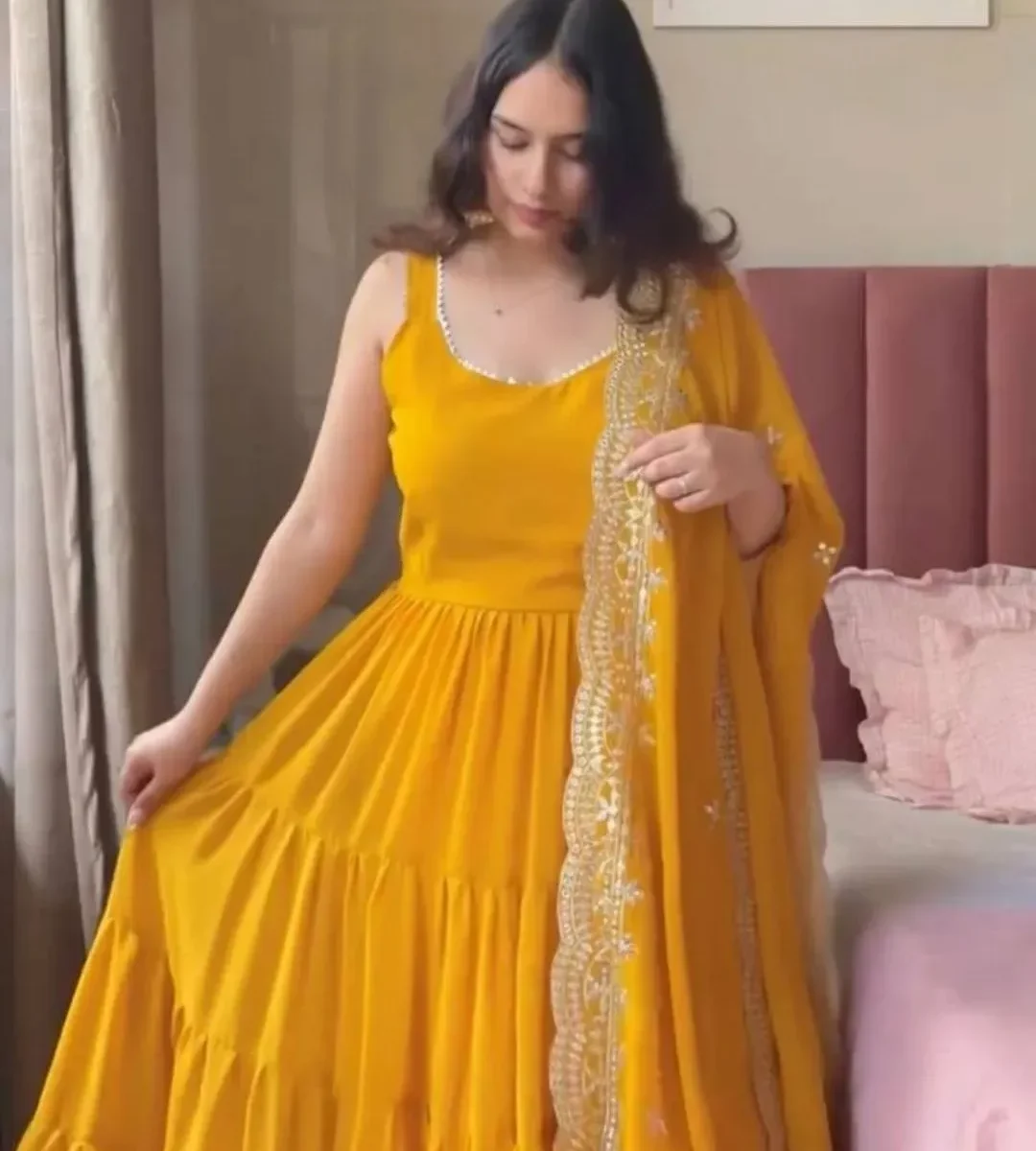 Sleeveless yellow anarkali suit - Fresh Cotton-Georgette Daytime Dress