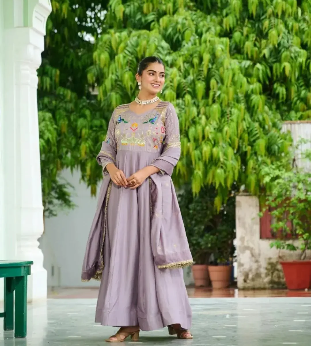 Vichitra Silk Anarkali Gown with Dupatta Set