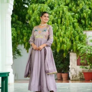 Vichitra Silk Anarkali gown with dupatta set - Royal Ethnic Wedding Wear