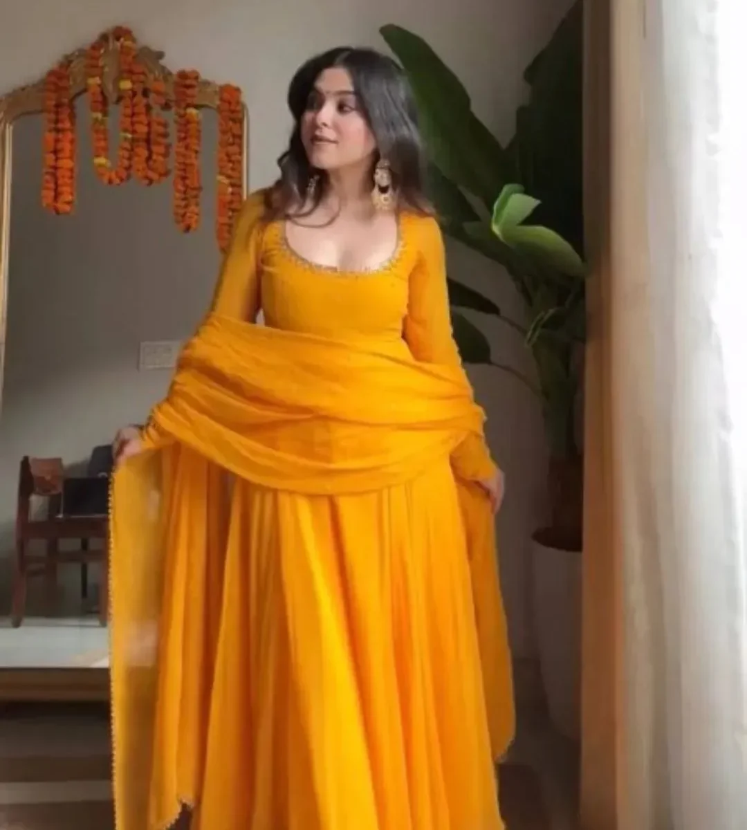 Full Sleeve Mustard Yellow Anarkali Suit Set - Bright Festive Haldi Ceremony Suit
