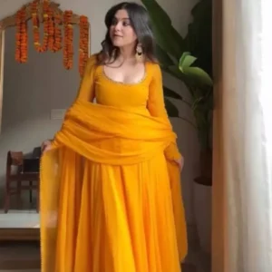 Full sleeve mustard yellow anarkali suit set - Bright Festive Haldi Ceremony Suit