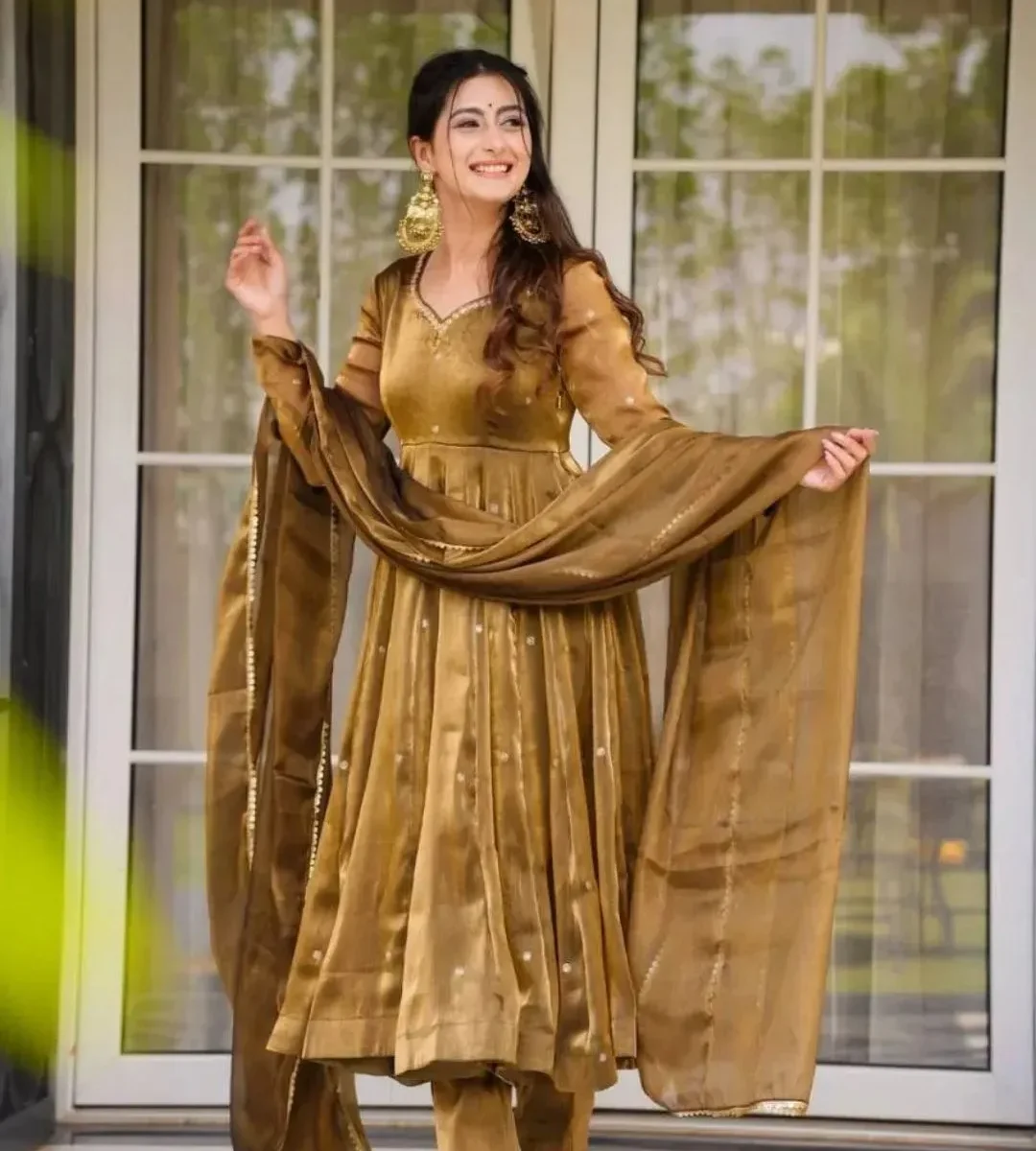 Golden Anarkali Suit For Wedding - Luxury Metallic Threadwork Special