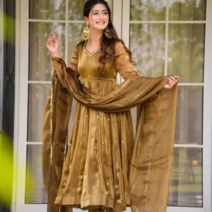 Golden anarkali suit for wedding - Luxury Metallic Threadwork Special