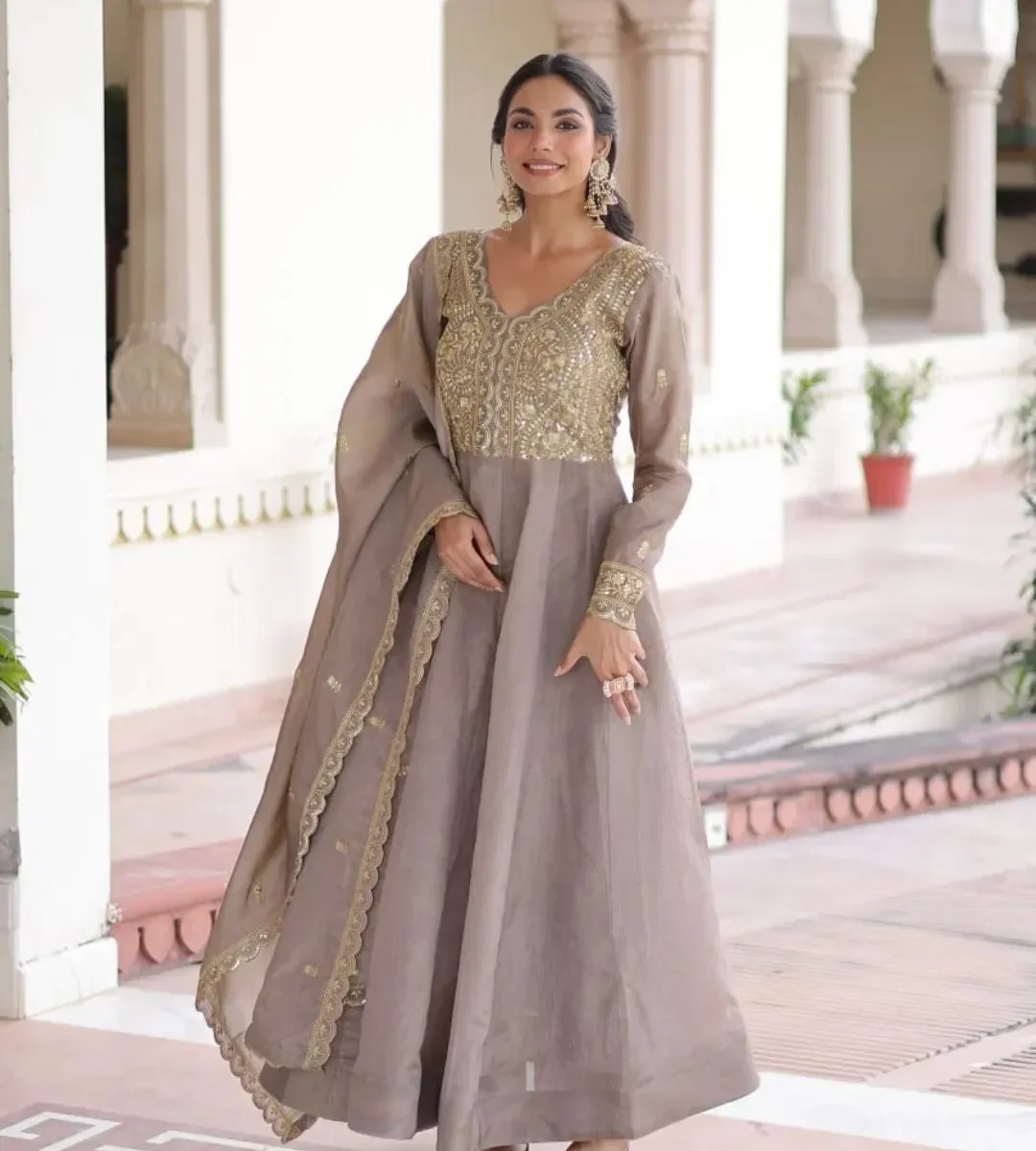 Grey anarkali dress suit with dupatta - Chic Sequins Embellished Party Wear