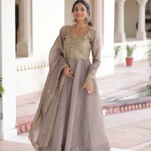 Grey anarkali dress suit with dupatta - Chic Sequins Embellished Party Wear