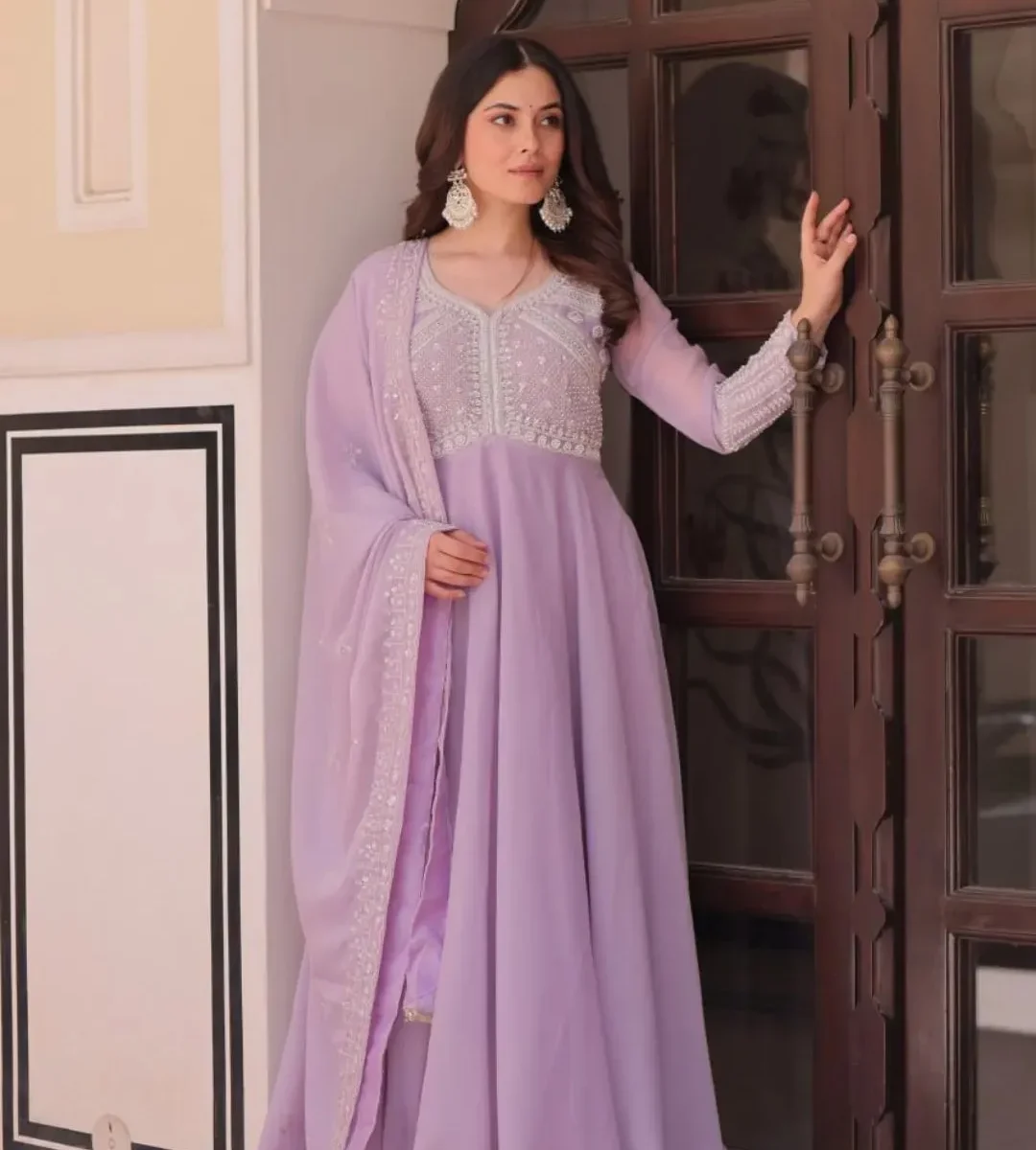 Lavender colour anarkali Suit Set - Trendy Pastel Georgette Designer Suit