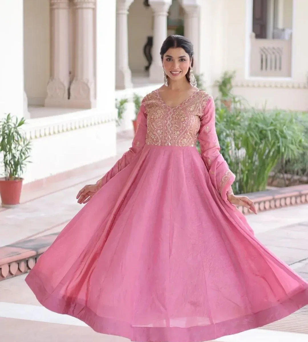 Light pink anarkali dress suit with dupatta - Delicate Floral Print Ethnic Suit