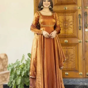Orange colour anarkali suit for party wear - Bright Haldi & Sangeet Outfit