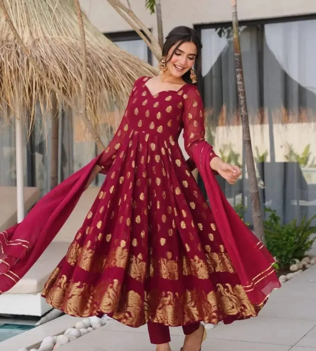 Party wear maroon anarkali suit with dupatta - Festive Wedding Guest Outfit