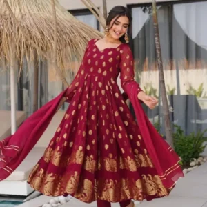 Party wear maroon anarkali suit with dupatta - Festive Wedding Guest Outfit