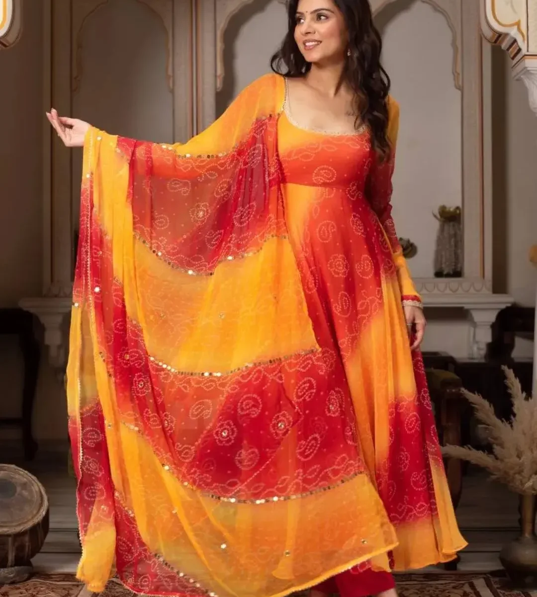 Yellow Red Georgette Anarkali Suit - Traditional Bandhani Style Contrast Set