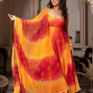 Yellow red georgette anarkali suit - Traditional Bandhani Style Contrast Set
